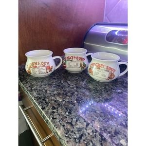 Set of 3 Vintage Ceramic Recipe Soup Bowl Mugs Tomato Chicken Mushroom